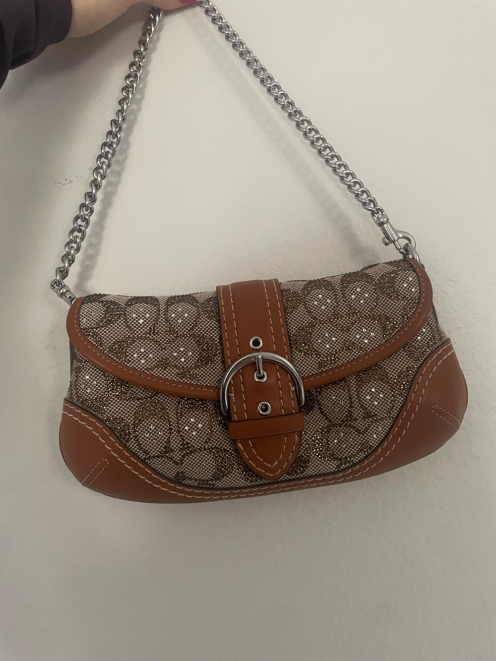 Coach Brown Signature Canvas Mini Shoulder Bag with Silver Chain SoHo